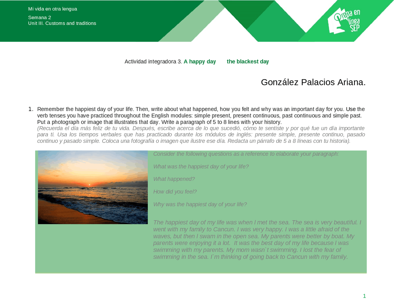 Actividad Integradora 3 : A happy day. - Docsity