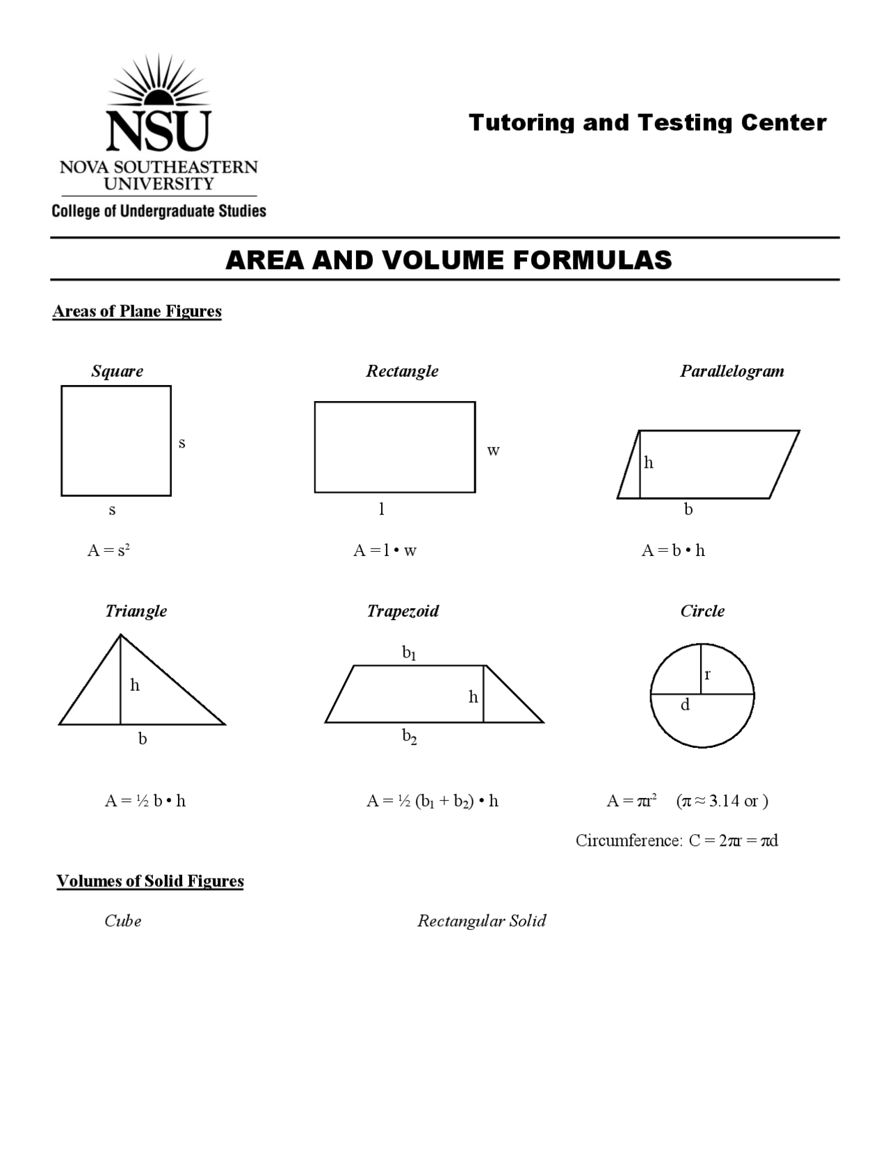 Area and Volume Cheat Sheet Docsity Area and Volume Cheat Sheet Docsity