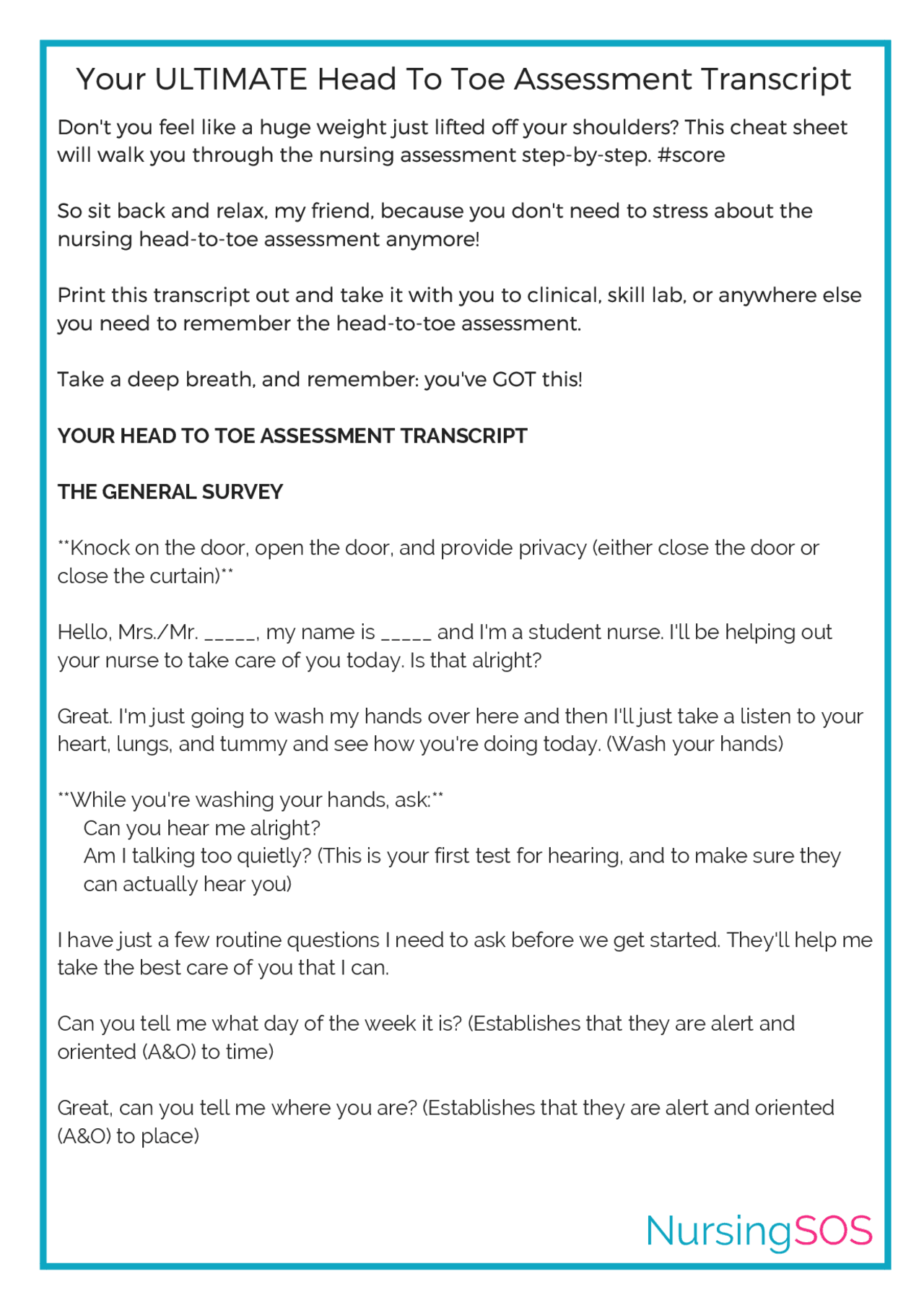 Head to Toe Assessment Transcript Nursing | Cheat Sheet Nursing | Docsity Head to Toe Assessment Transcript Nursing | Cheat Sheet Nursing | Docsity