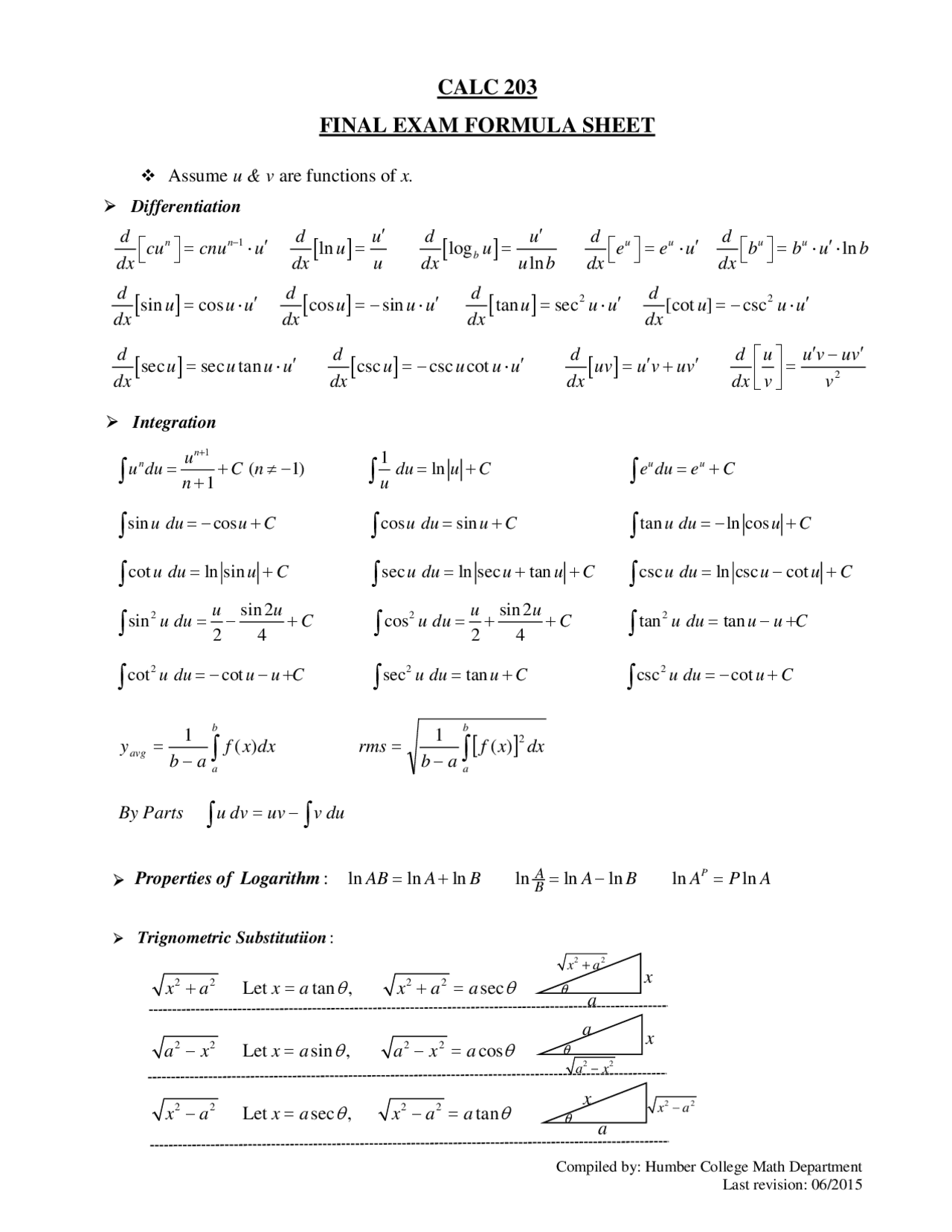 Calculus 2 Final Exam Cheat Sheet Cheat Sheet Calculus Docsity
