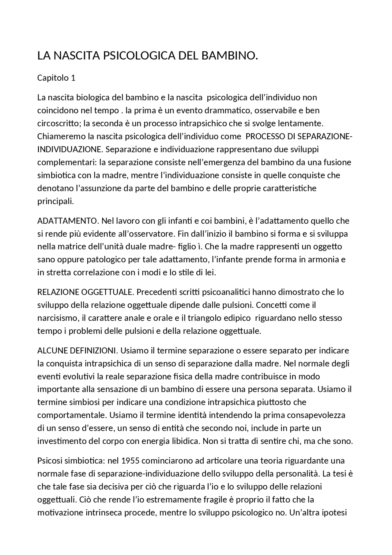 La Nascita Psicologica Del Bambino Docsity