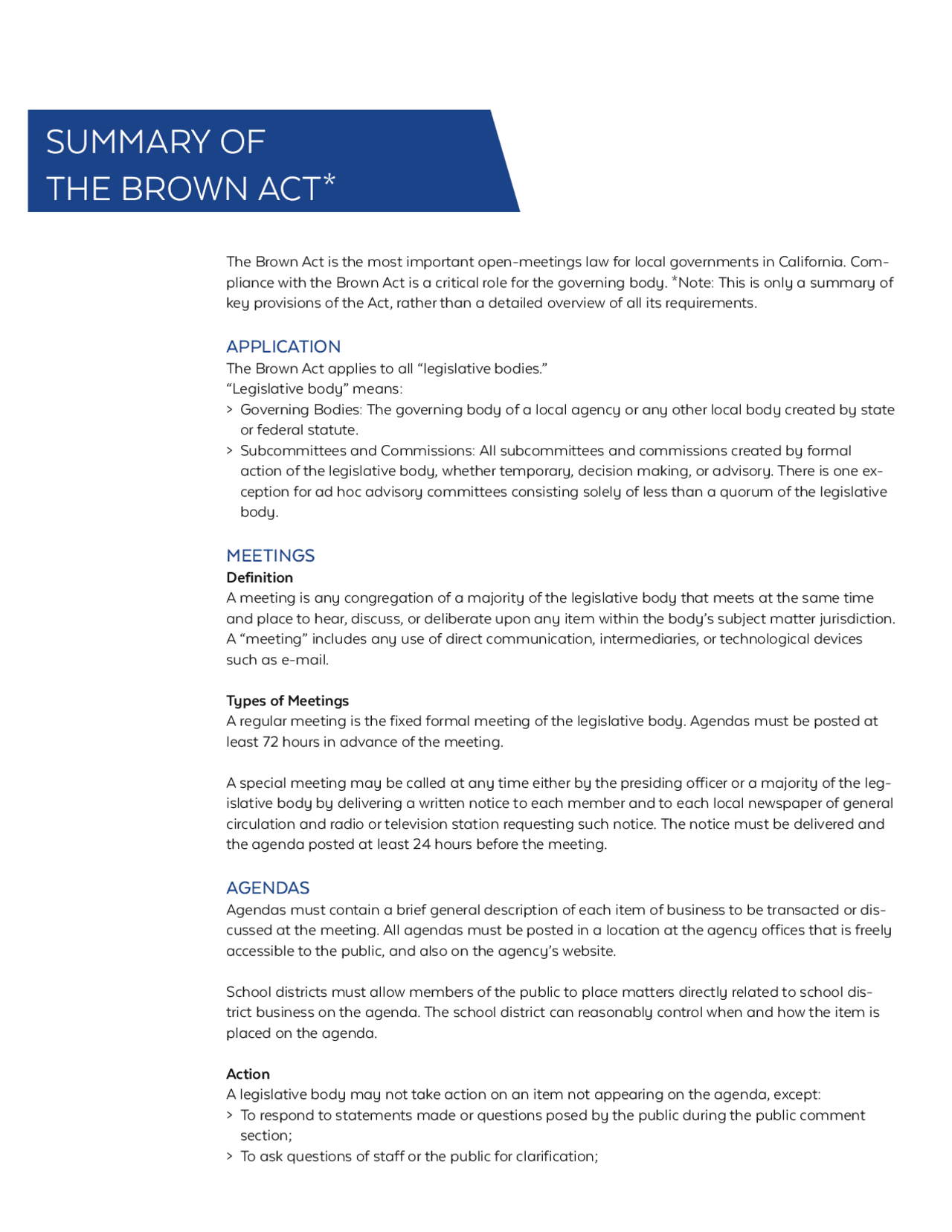 Brown Act Summary Cheat Sheet Docsity