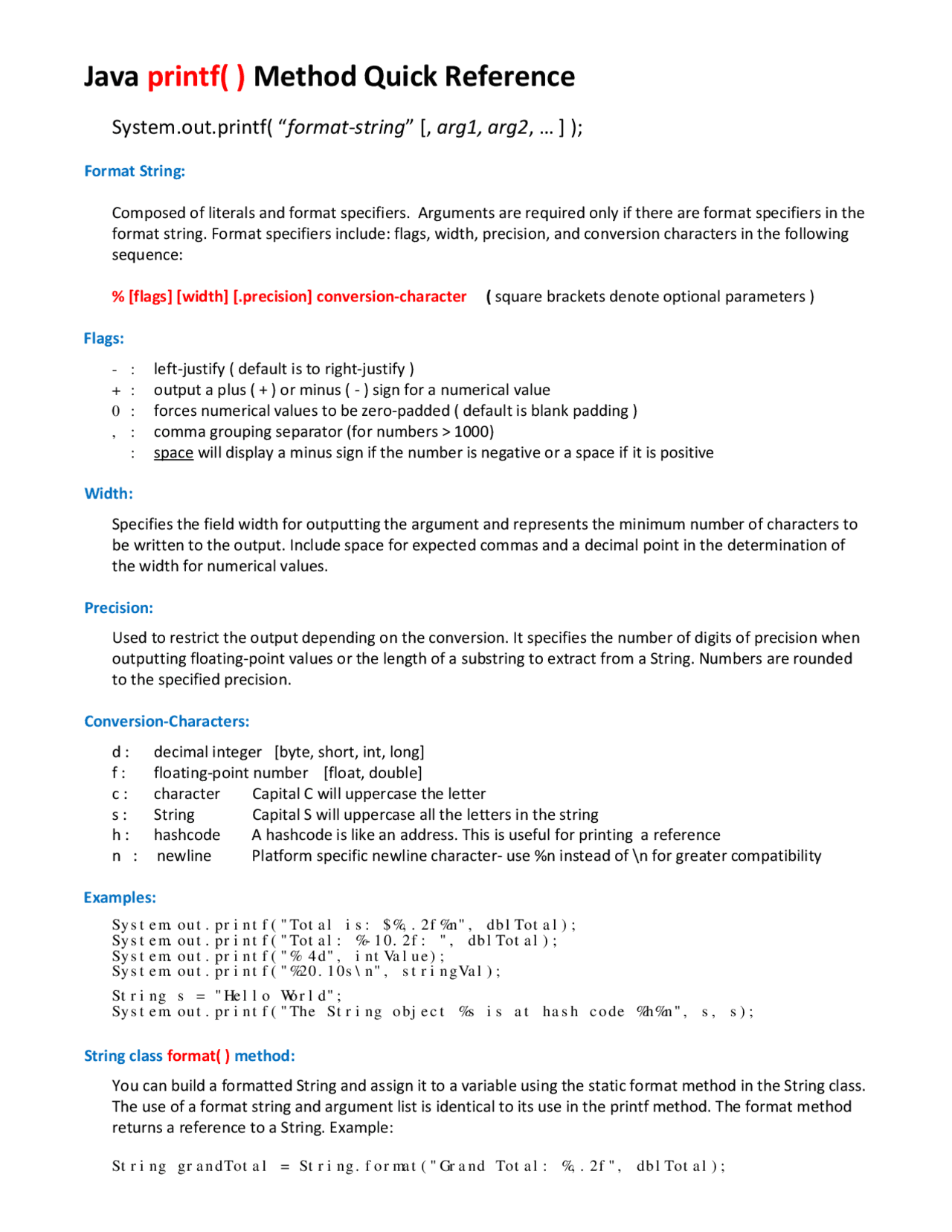 Java printf( ) Method Quick Reference - Docsity