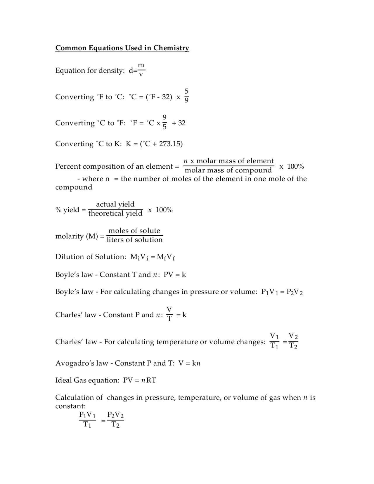 Chem Math Equations Common Chemistry Formulas and Equations Cheat Sheet | Cheat Sheet ...