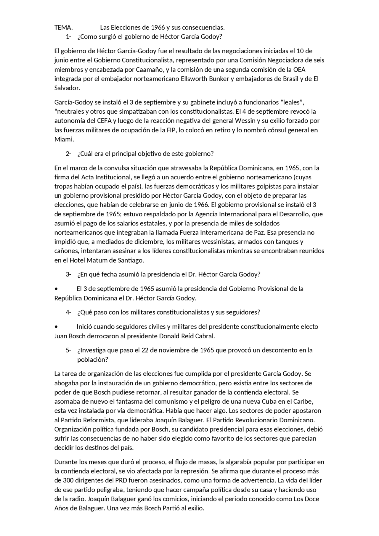 Las Elecciones de 1966 y sus consecuencias. Guías, Proyectos