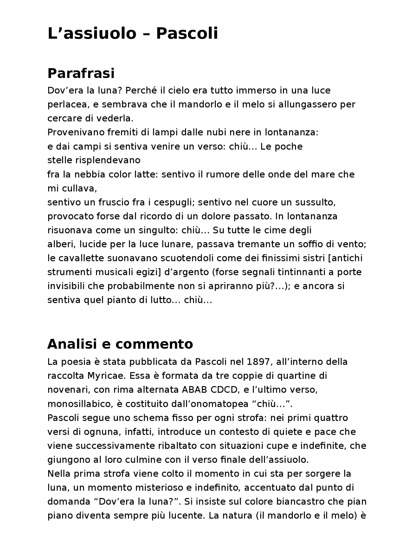 L'assiuolo Giovanni Pascoli. Analisi del testo. Docsity L'assiuolo Giovanni Pascoli. Analisi del testo. Docsity