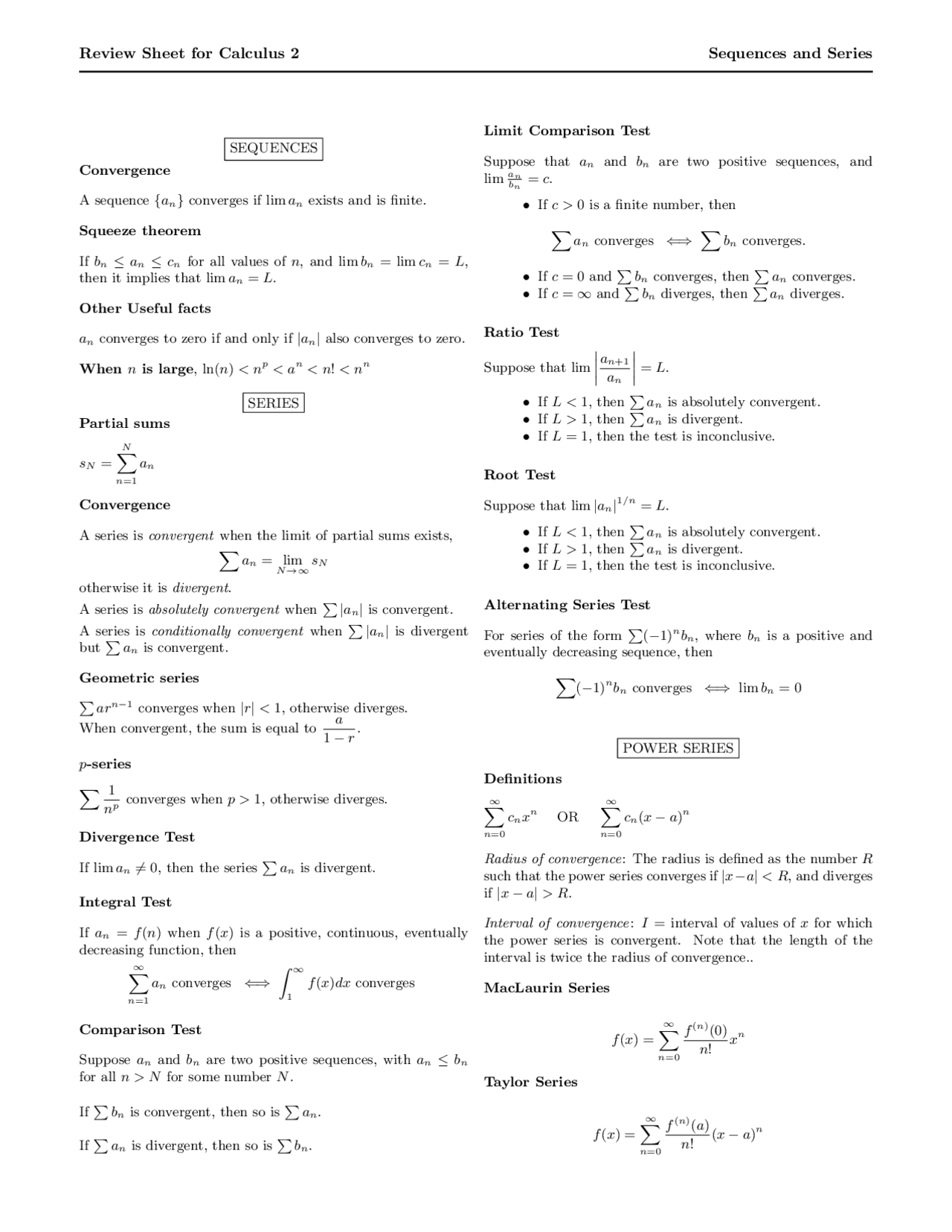 Calculus 2 Table Review Sheet for Calculus 2 Sequences and Series | Cheat Sheet Cálculo ...