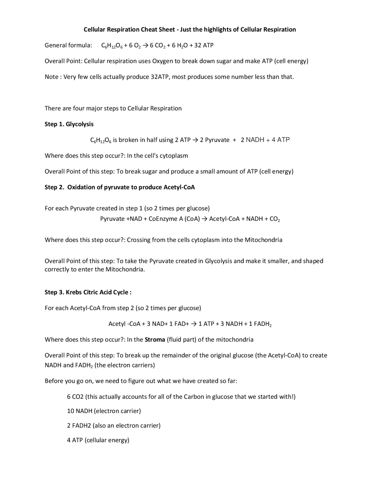 Cellular Respiration Cheat Sheet Docsity