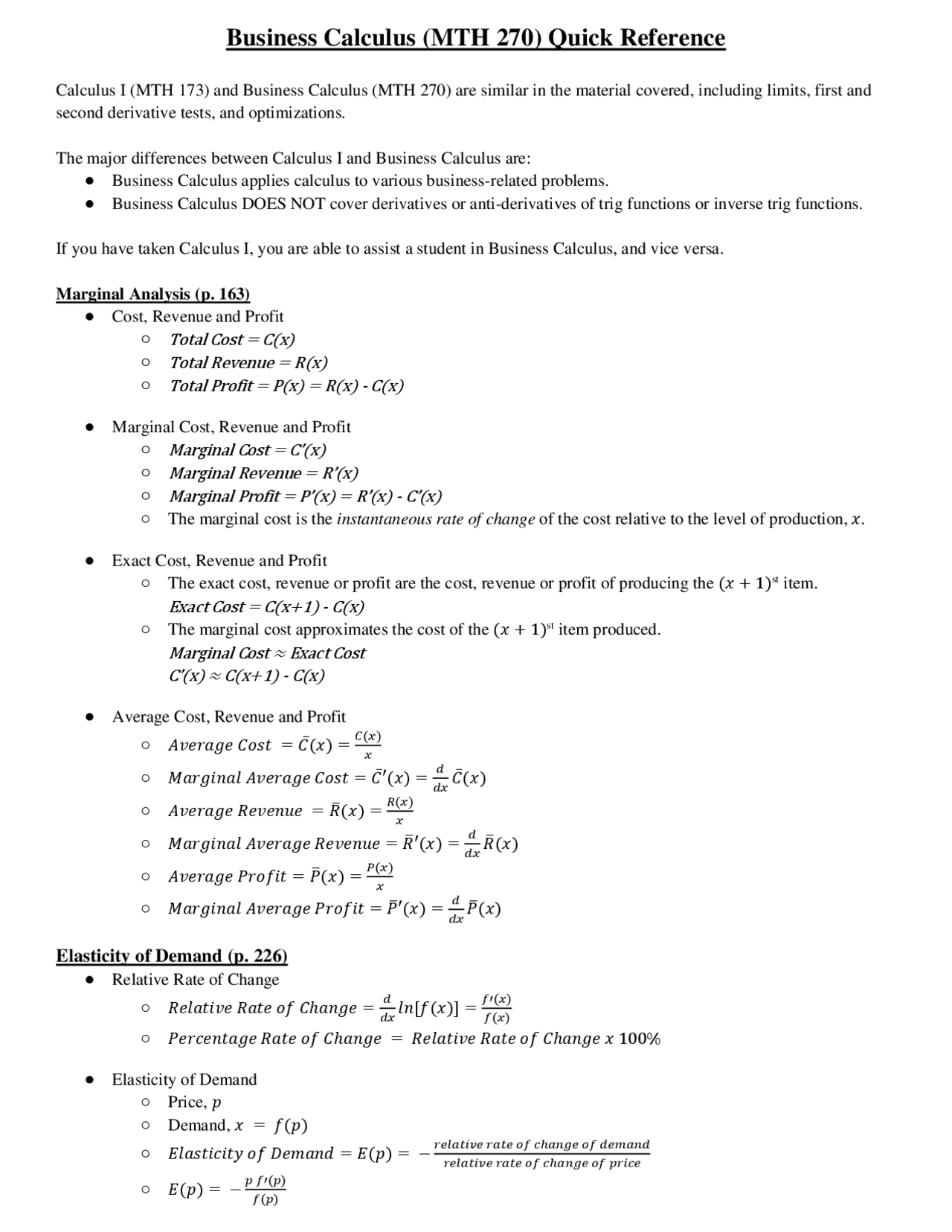 Business Calculus Cheat Sheet | Cheat Sheet Matemática Empresarial ...