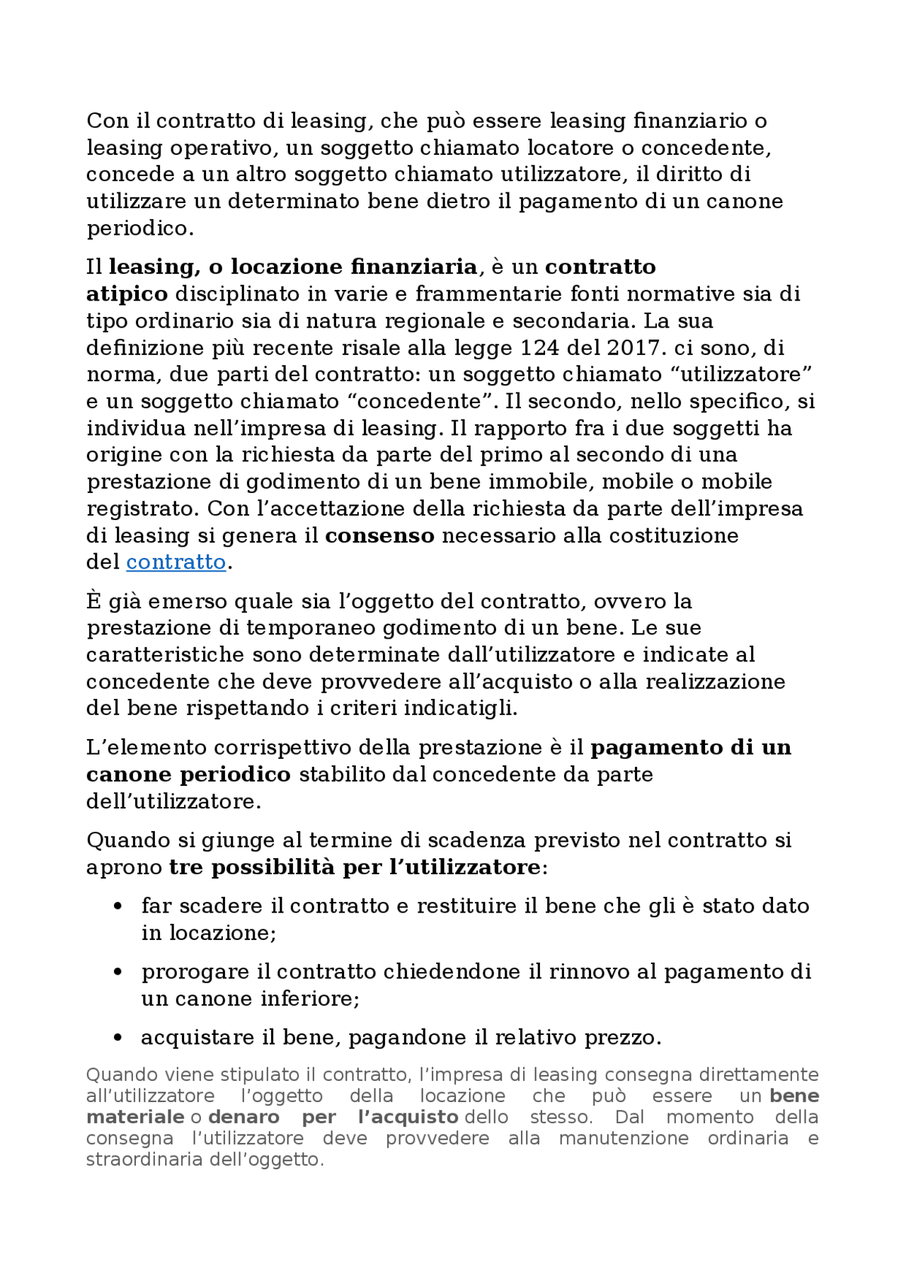 Riassunto contratto di leasing - Docsity