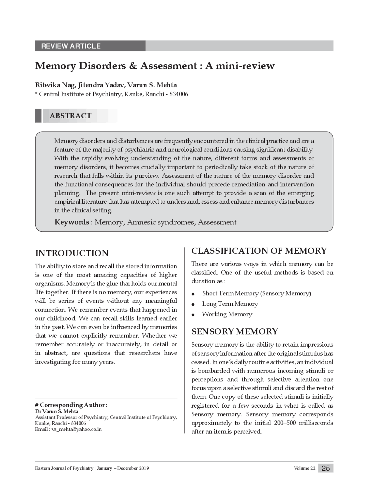 Memory disorders assesment - Docsity