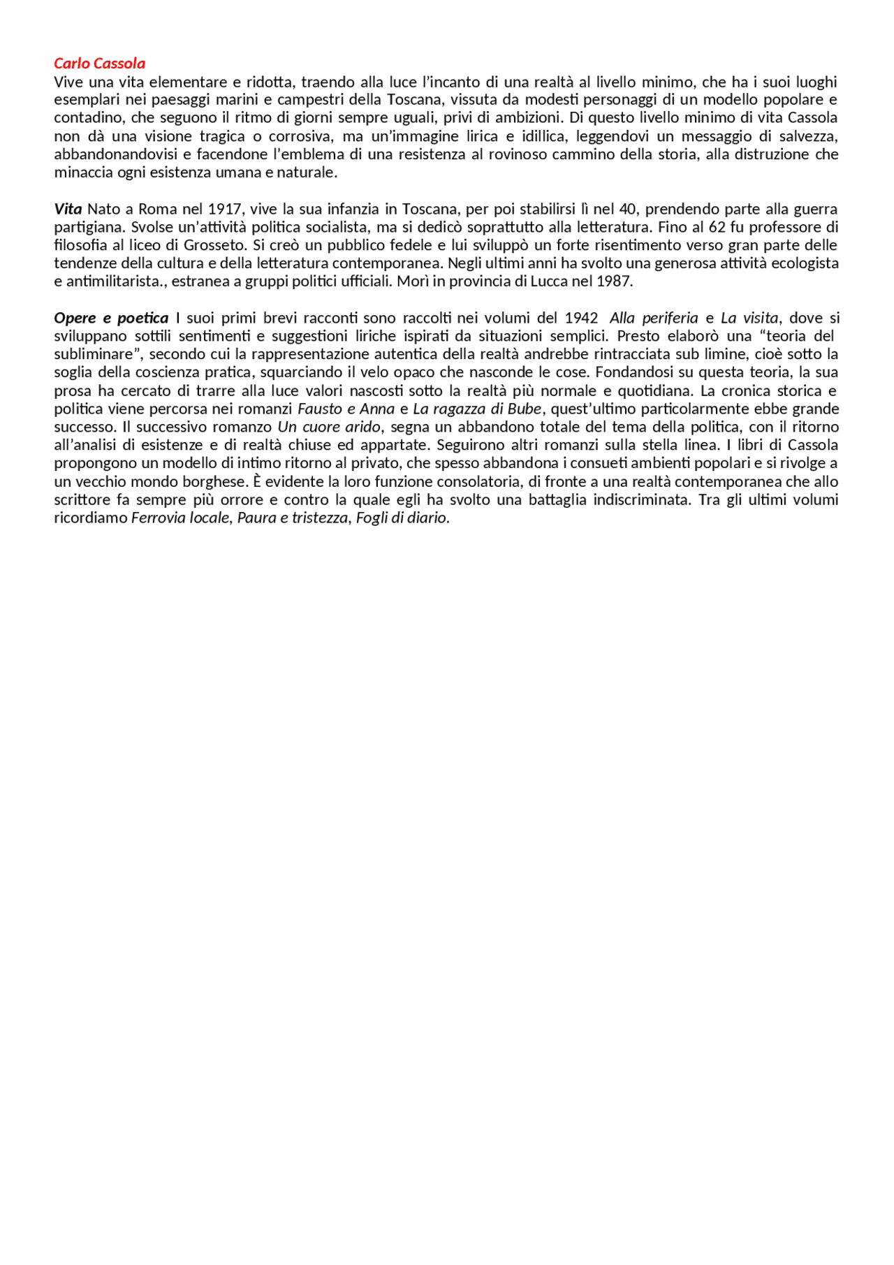 Carlo Cassola, vita e opere. Storia della letteratura italiana, Ferroni
