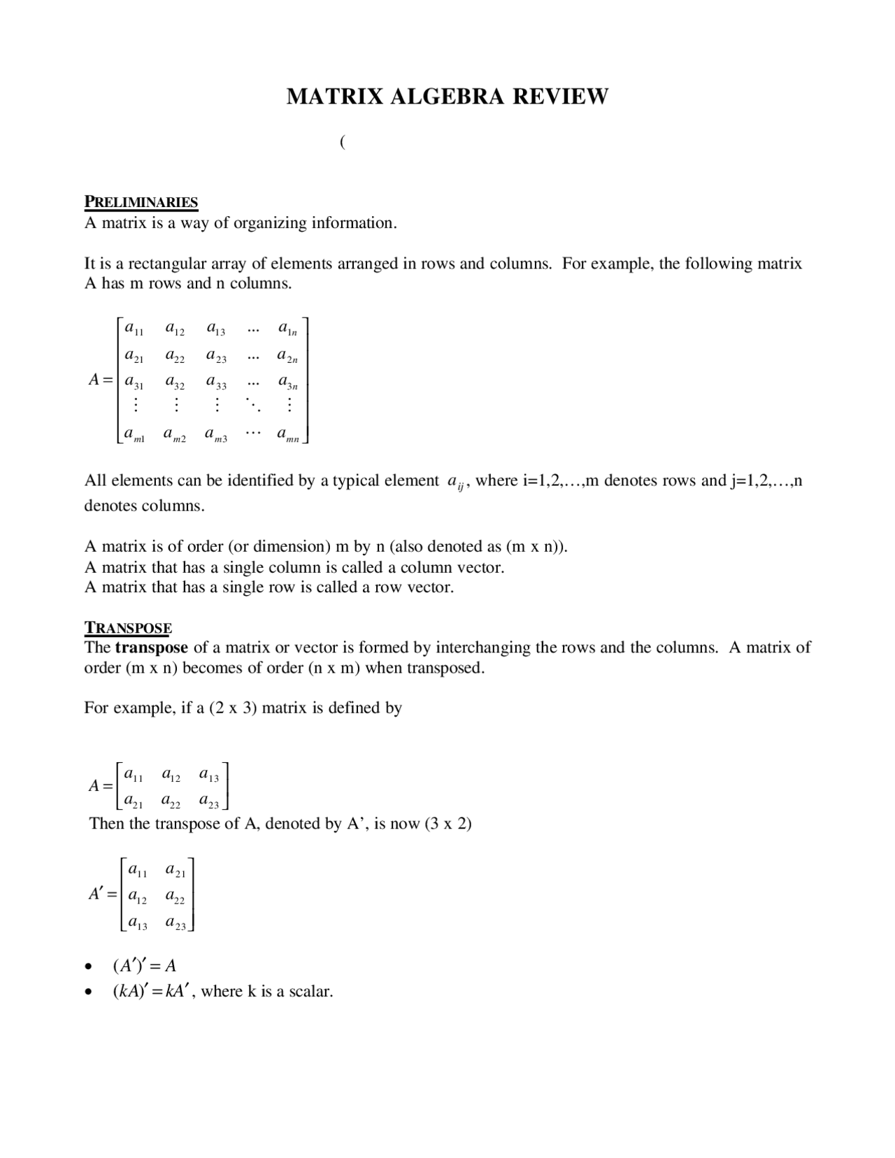 Matrix Algebra Process Matrix Algebra Review - Docsity