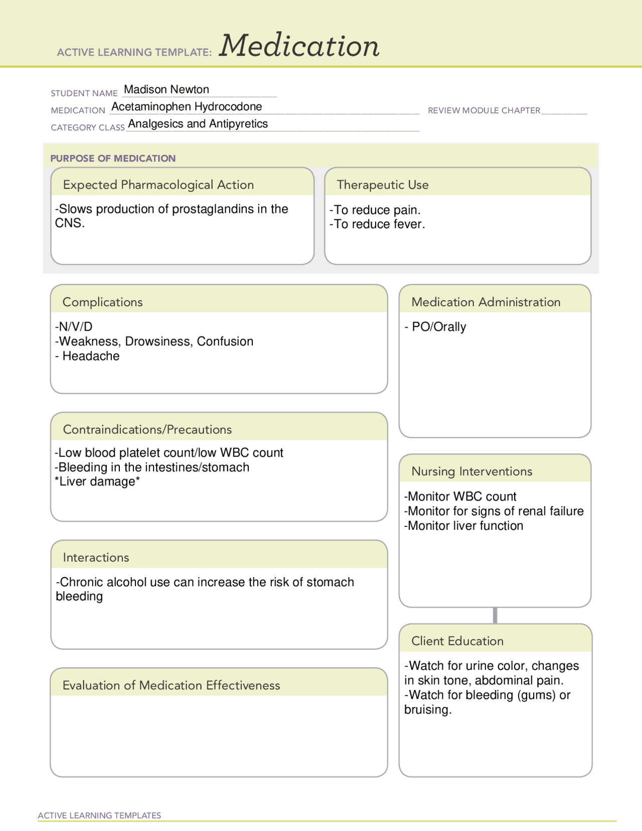 Acetaminophen Ati Medication Template Acetaminophen Ati Medication Template