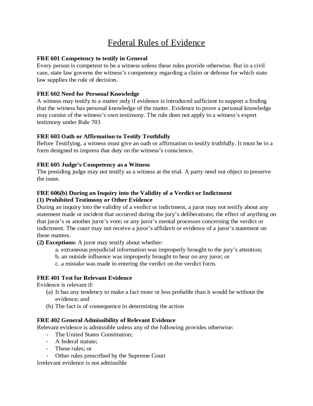 Federal Rules of Evidence Docsity
