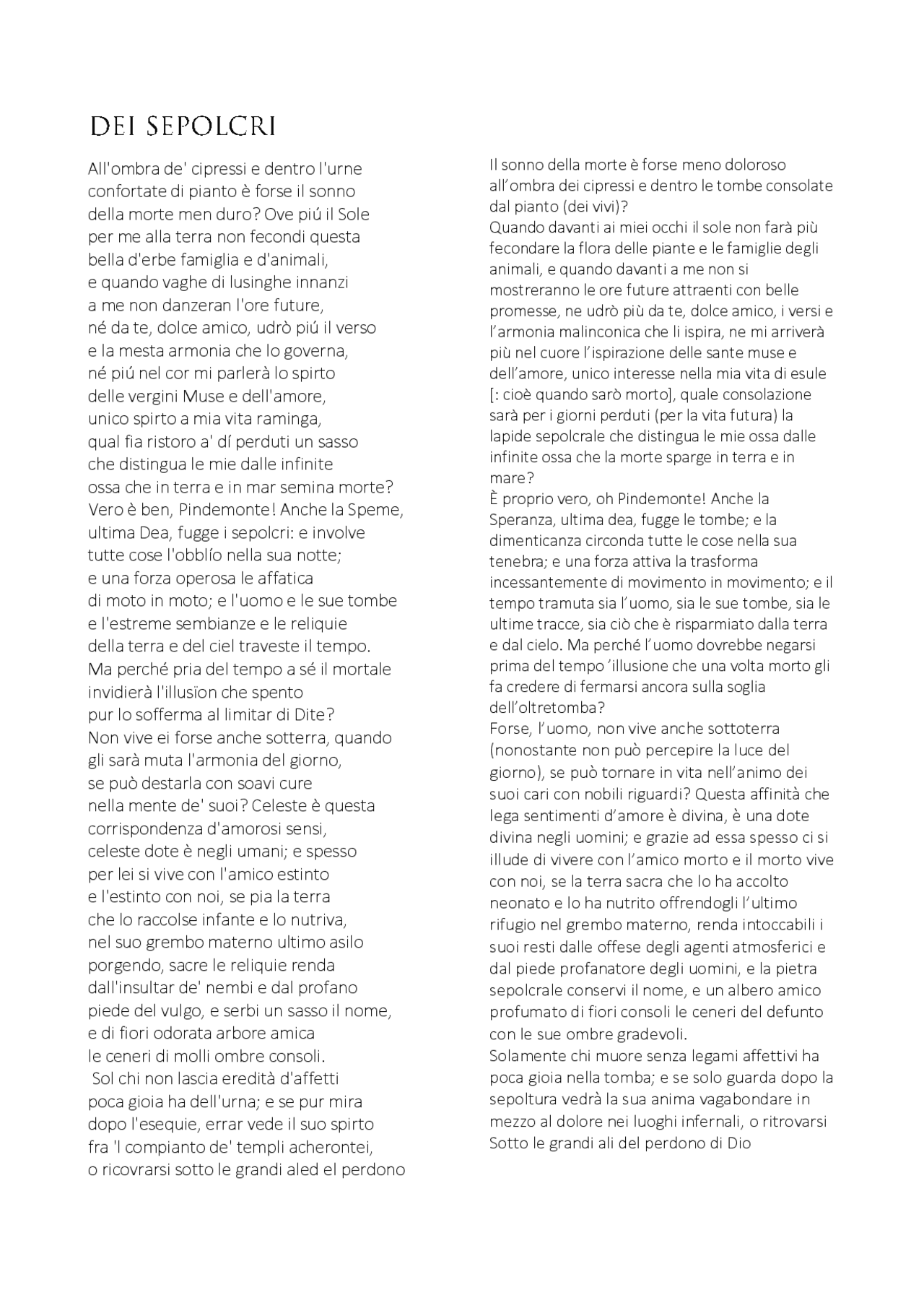 dei sepolcri testo e parafrasi pdf