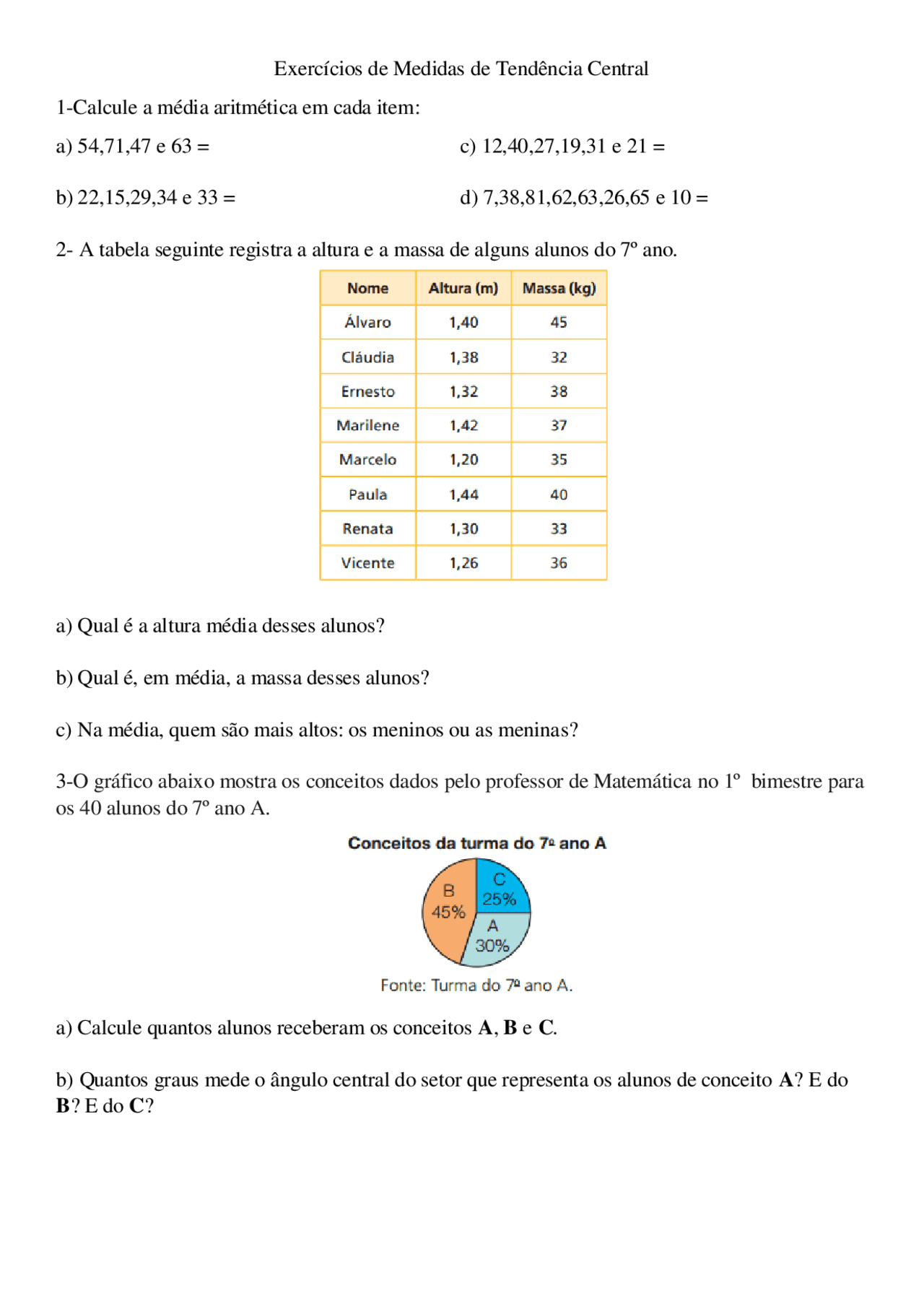 Exercícios de Medidas de Tendencia Central - Turma 902 - Docsity