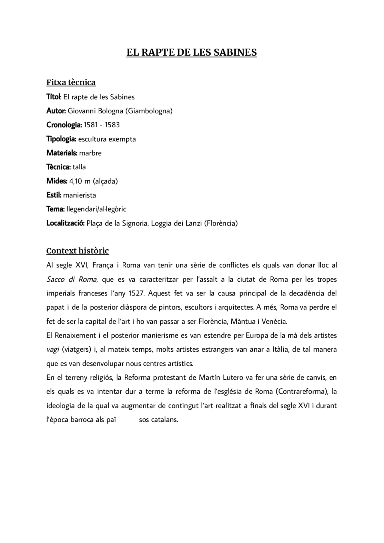 El rapte de les sabines - Fitxa tècnica - Docsity
