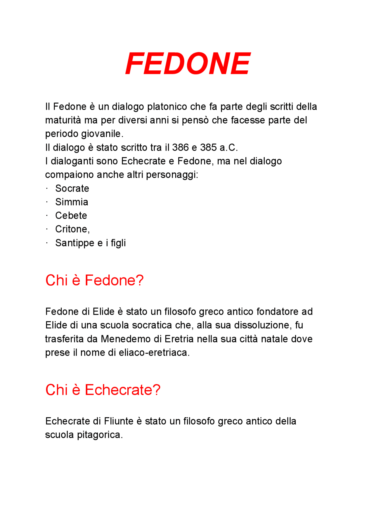 FEDONE- Libro riassunto di Platone - Docsity