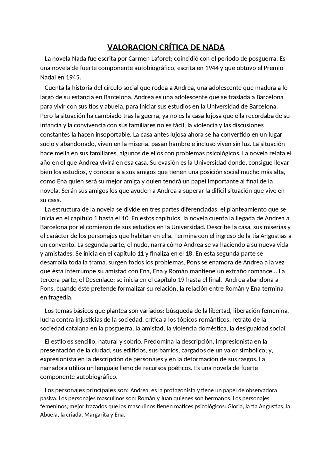 Valoracion Critica De Nada Carmen Laforet Docsity