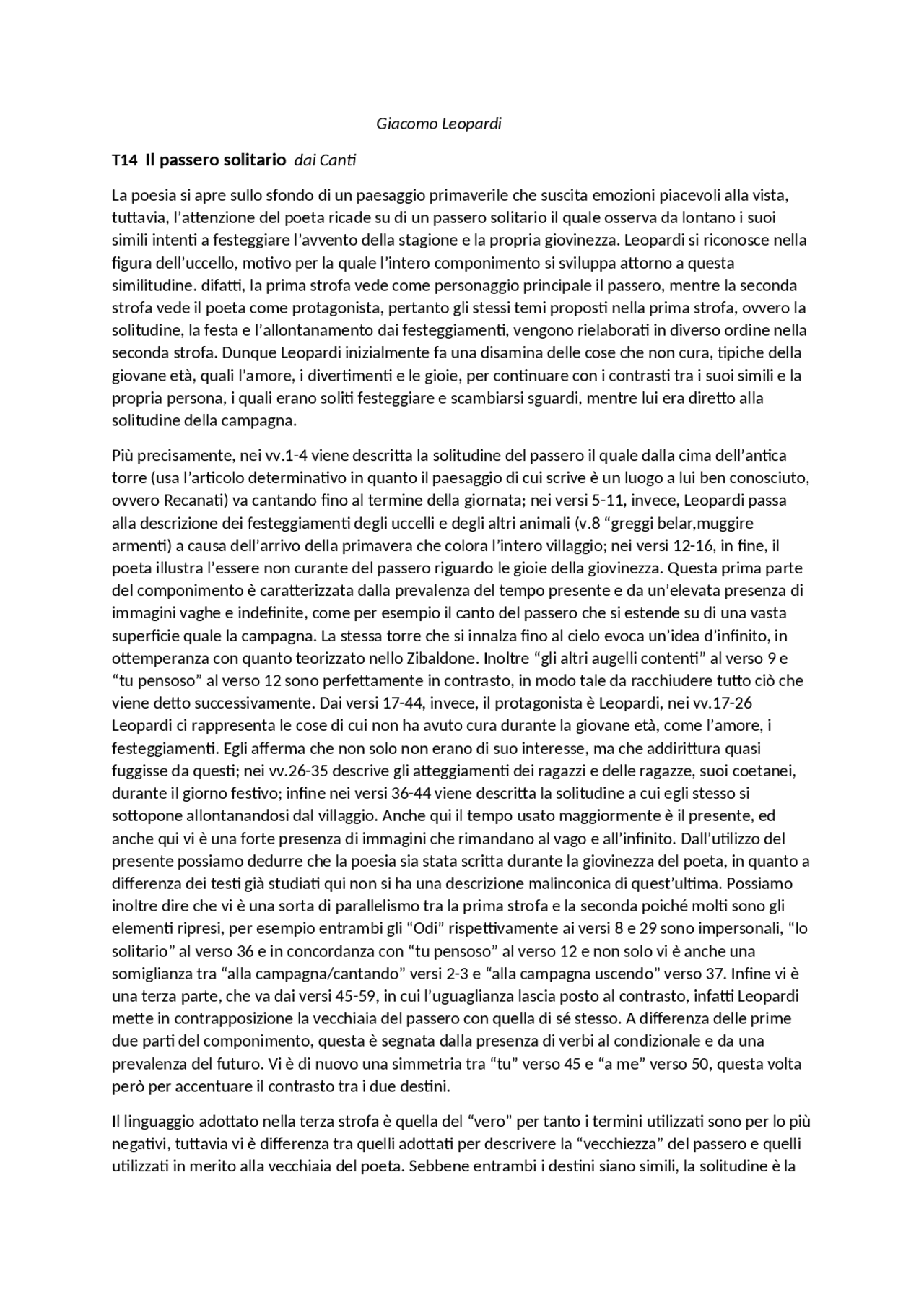 il passero solitario testo completo