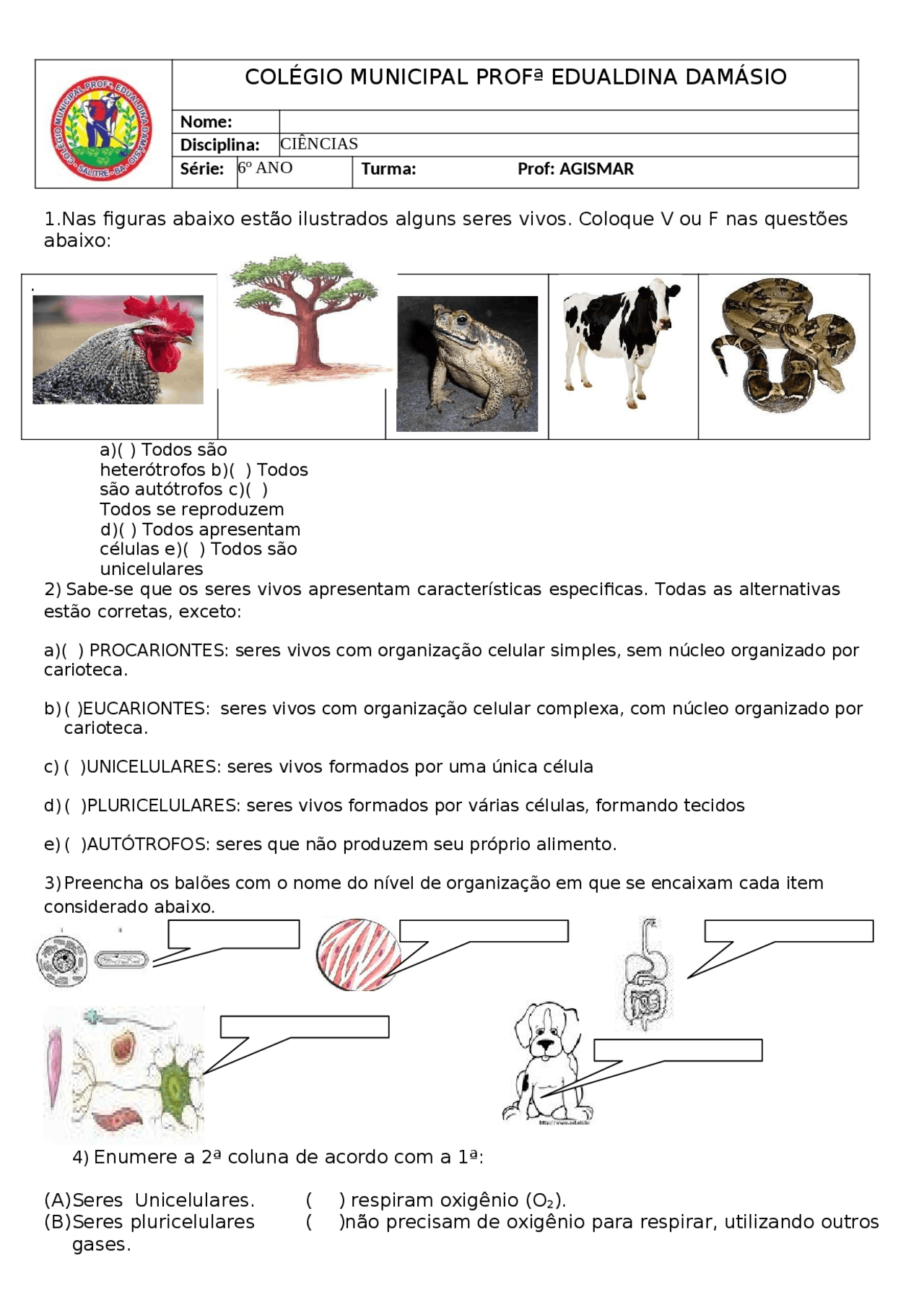 Exercícios Características Dos Seres Vivos - ZULEDU