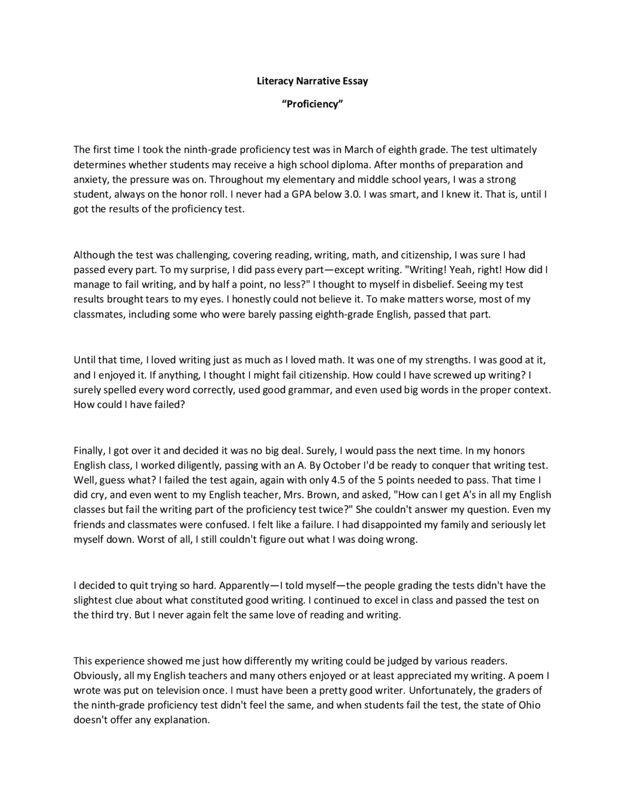 Literacy Narrative Essay “Proficiency” Essays (university) English