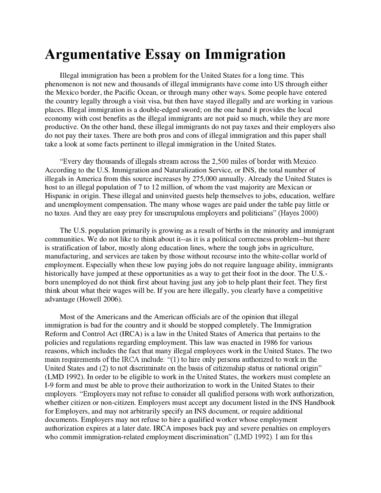 Immigration Paper Examples Argumentative Essay on Illegal Immigration | Essays (university ...
