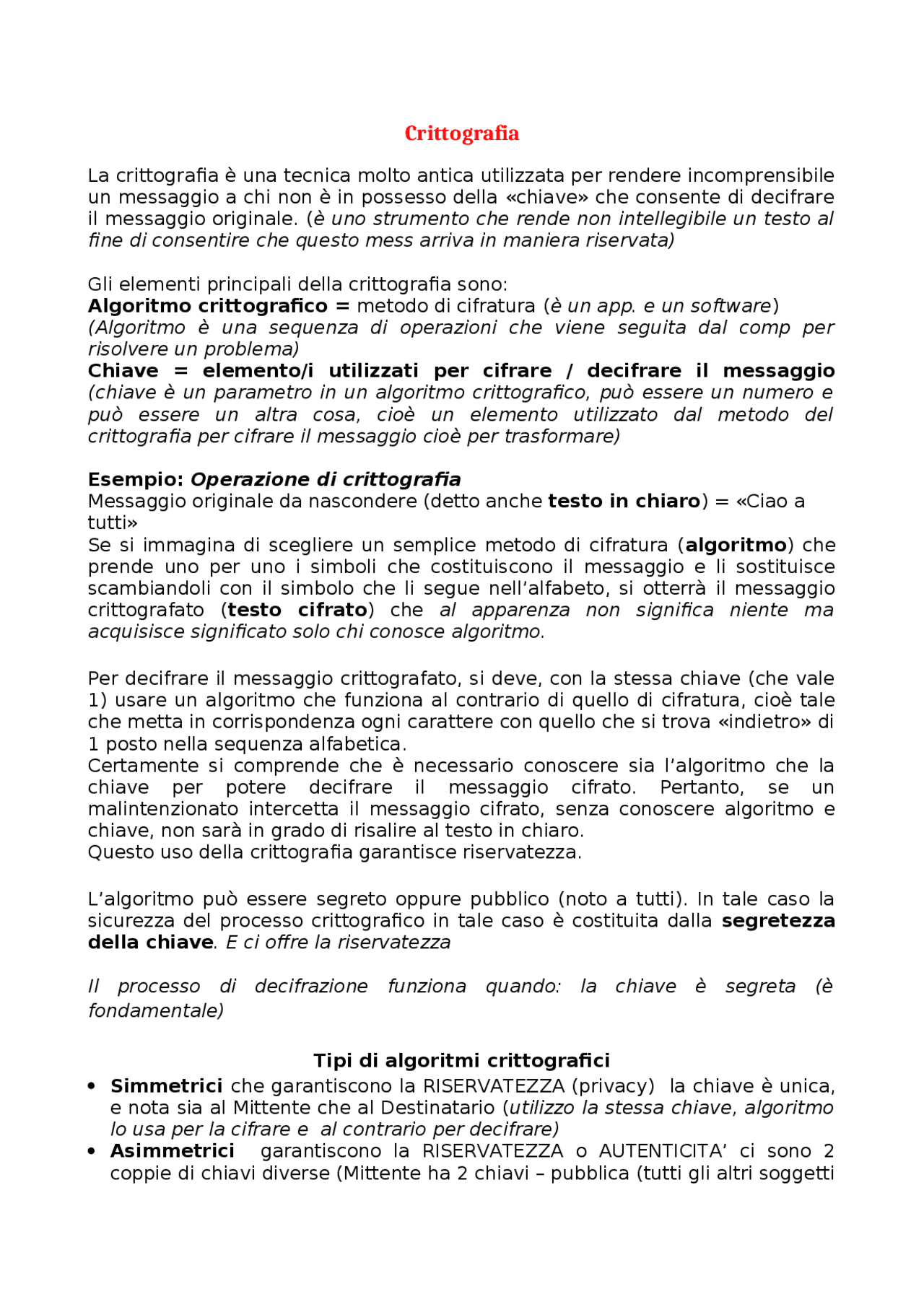 Che cosa è crittografia Docsity