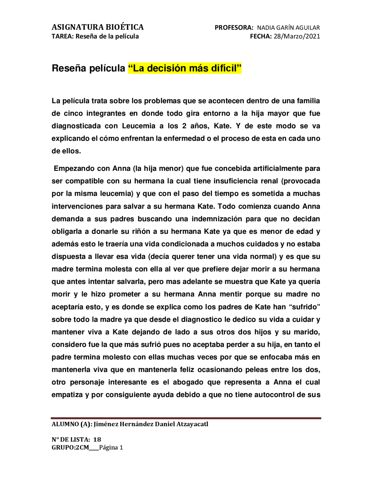 Resena Pelicula La Decision Mas Dificil Docsity