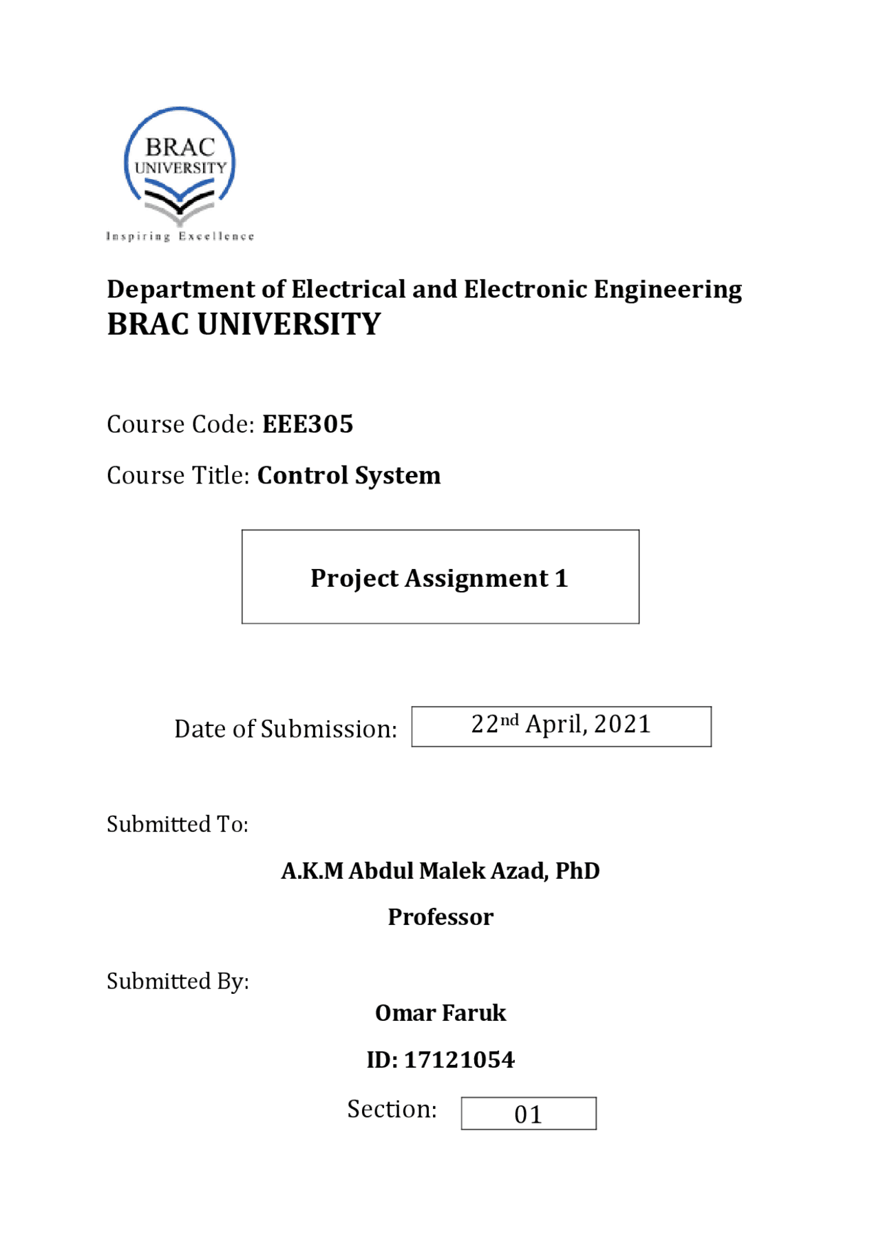 Control Assignment Example Control System Assignment - Docsity