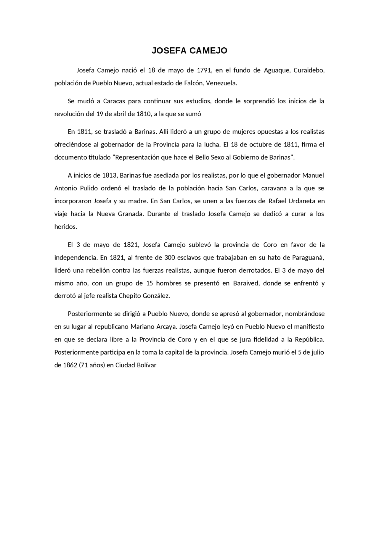 Josefa camejo biografia - Docsity
