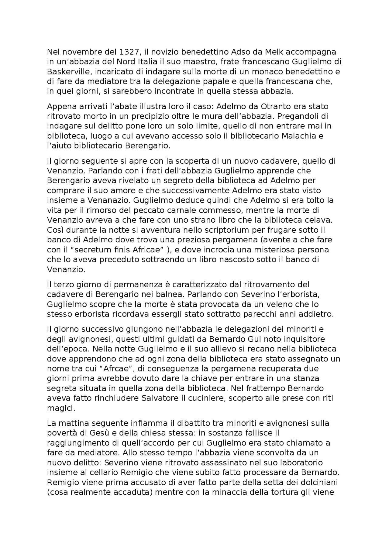 Riassunto”Il nome della Rosa” di Umberto