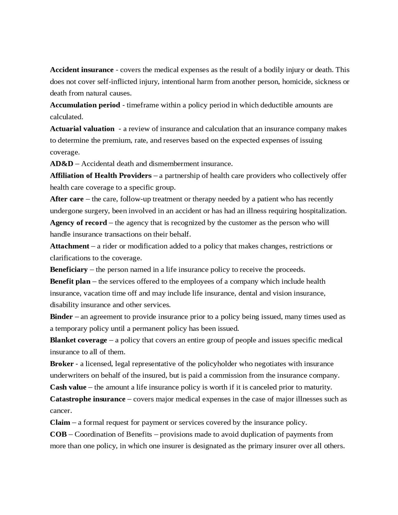 Insurance vocabulary Docsity