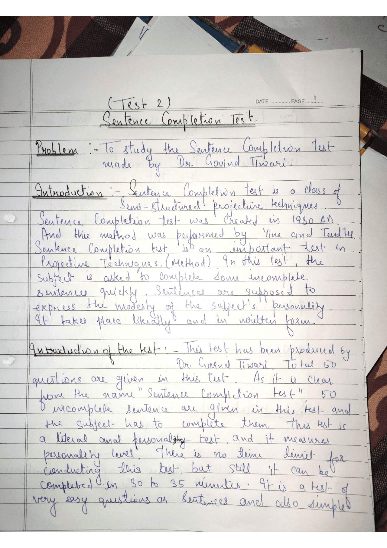 Sentence completion test practical | Assignments Psychology | Docsity