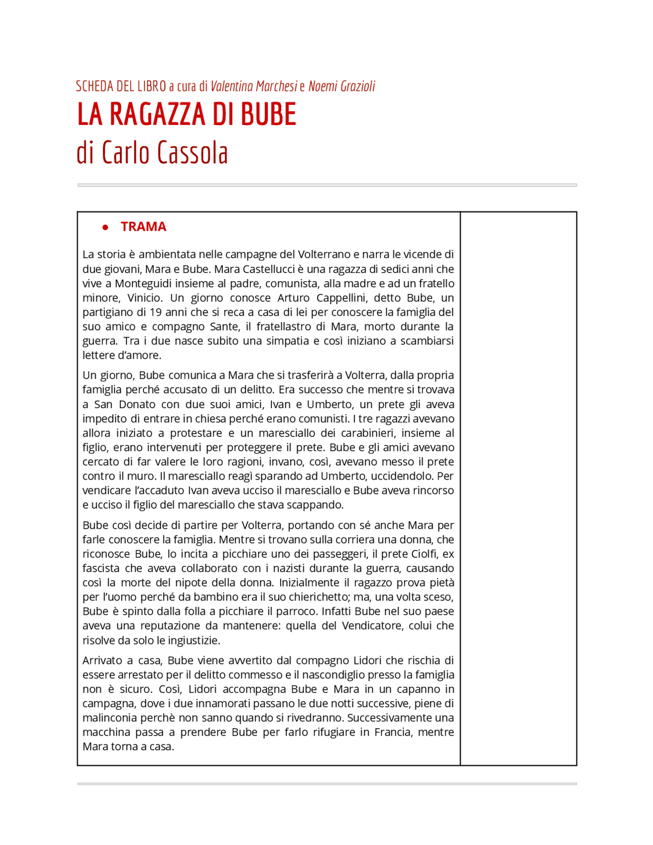 Relazione sul libro “La ragazza di Bube” - Docsity