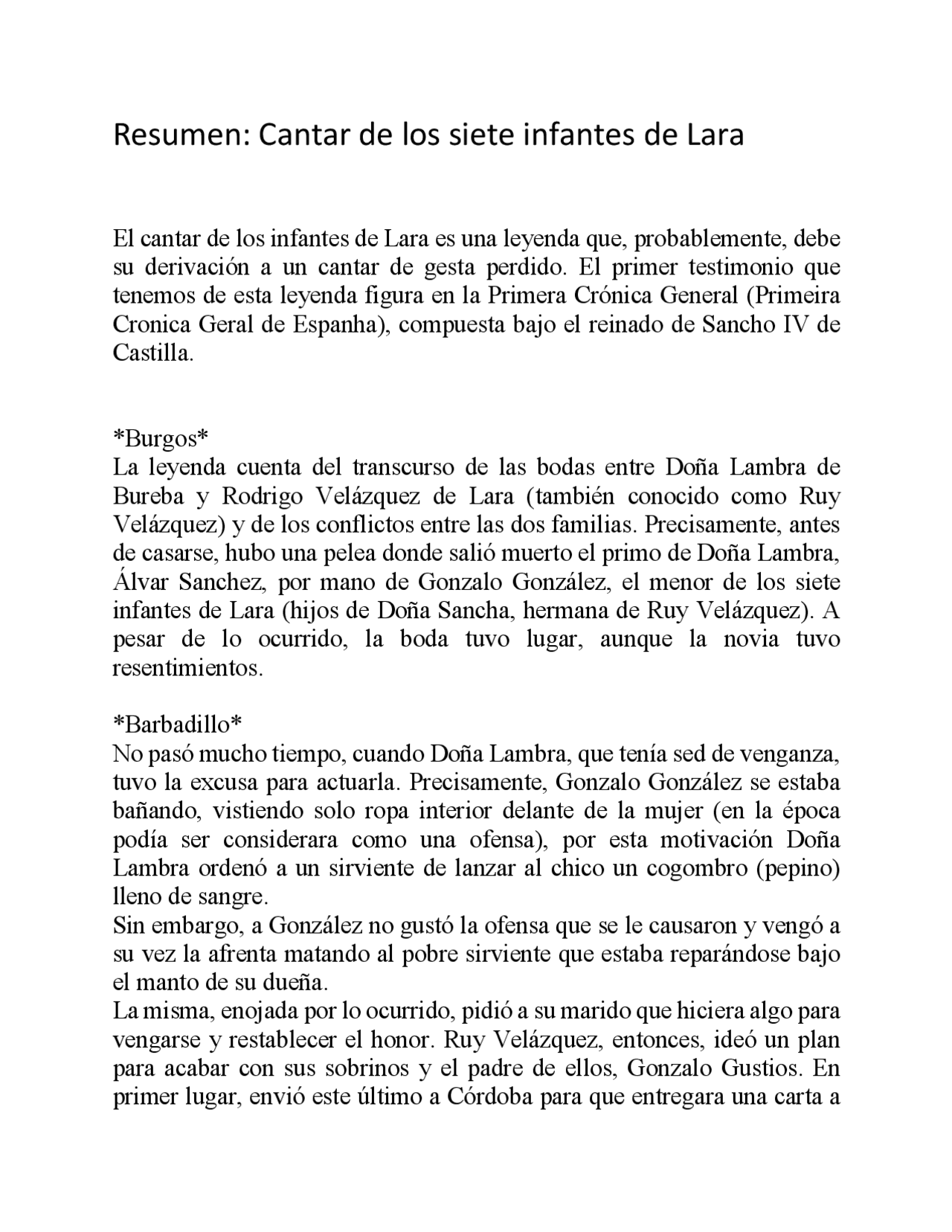 Resumen Cantar De Los Infantes De Lara Docsity