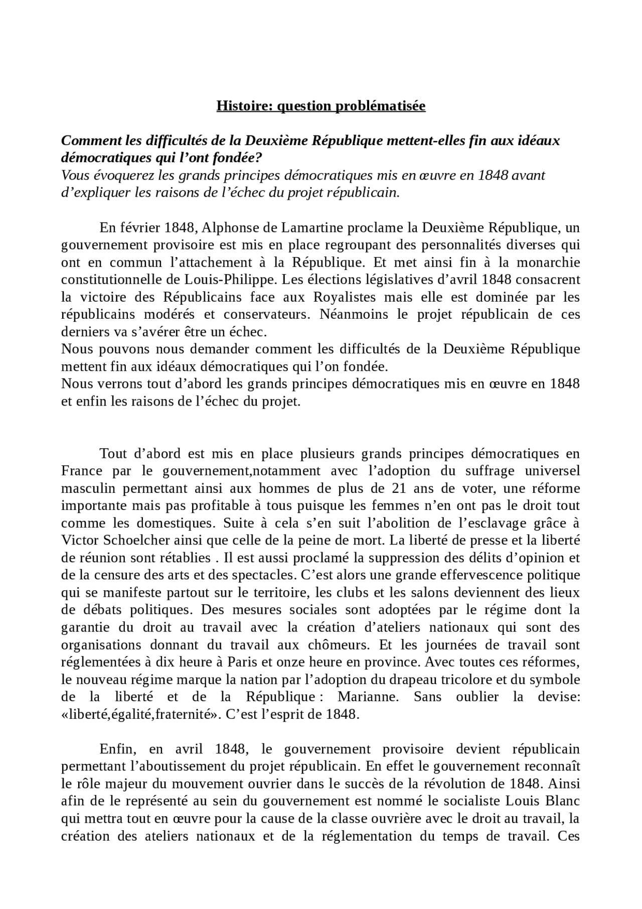 La Mise En œuvre Du Projet Républicain Question Problématisée