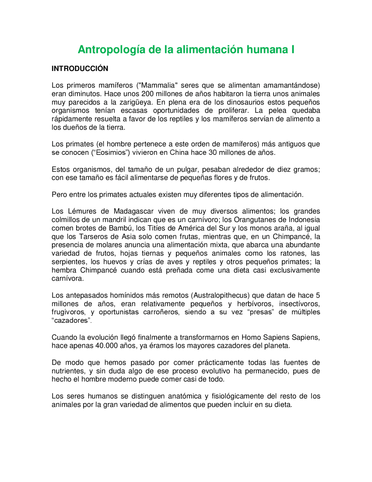 El Planeta De Los Simios En Orden Introducción a la Antropología de la Alimentación - Docsity