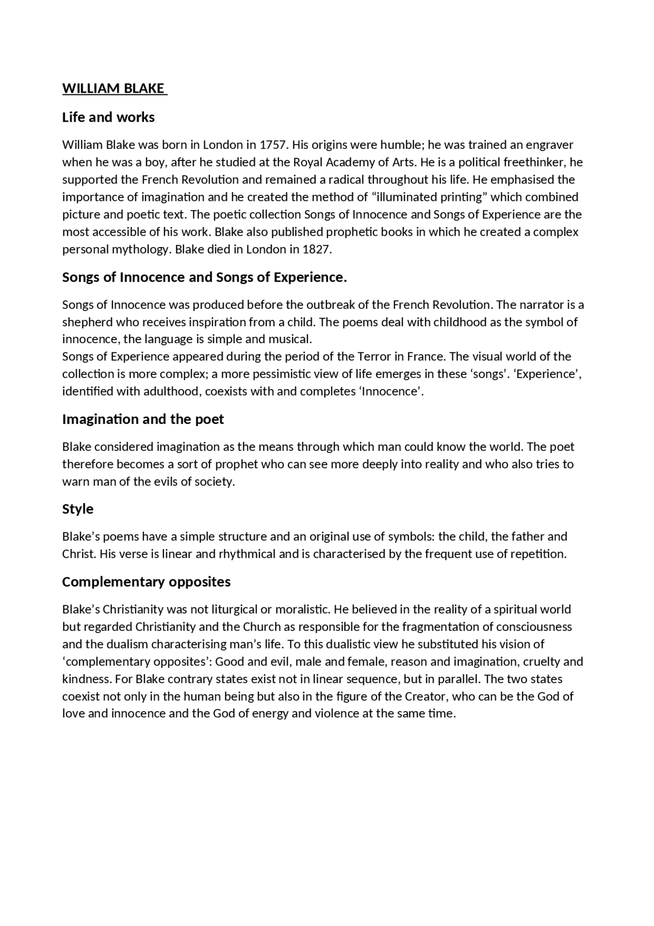 William blake | Notes de Anglais | Docsity