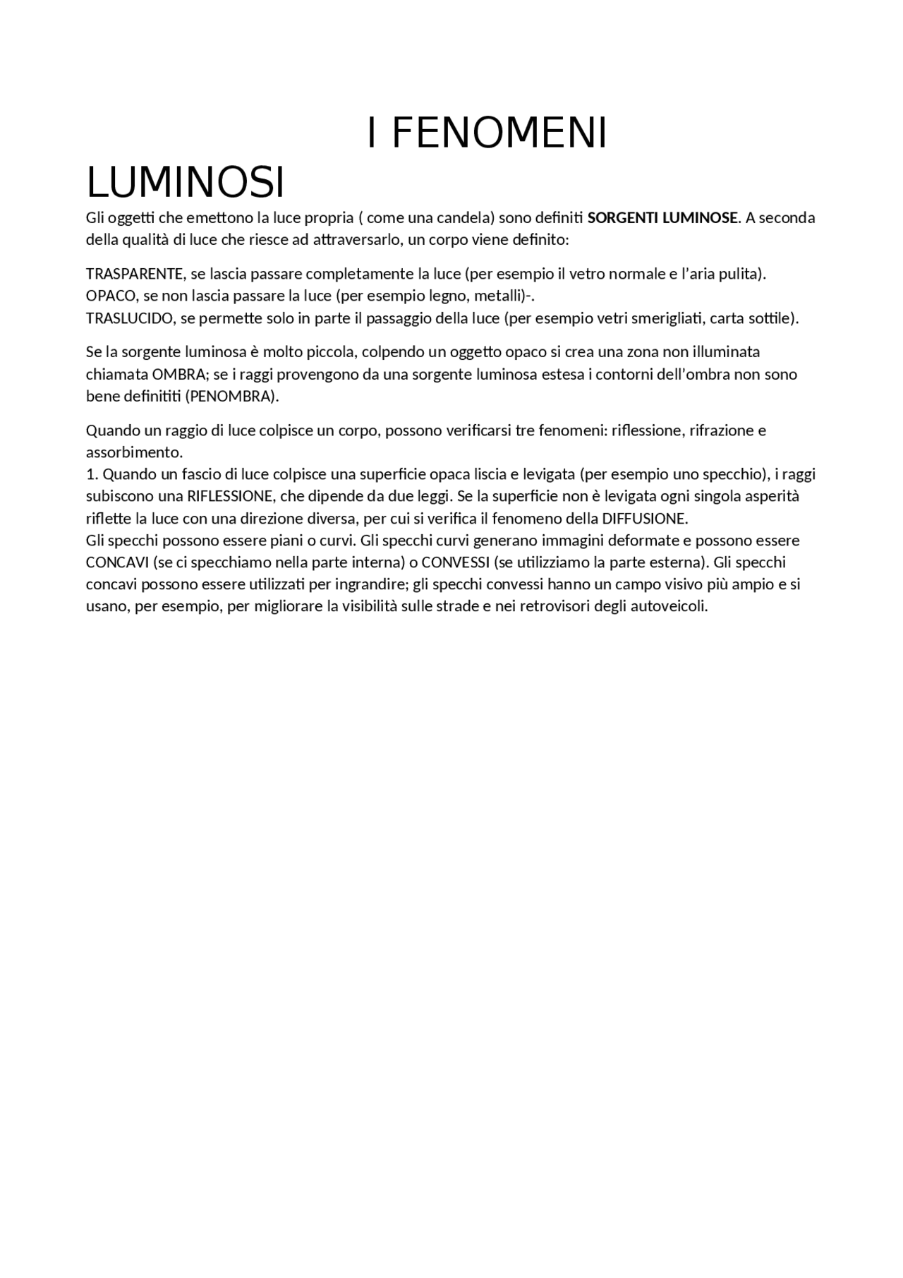 I FENOMENI LUMINOSI SCIENZE - Docsity