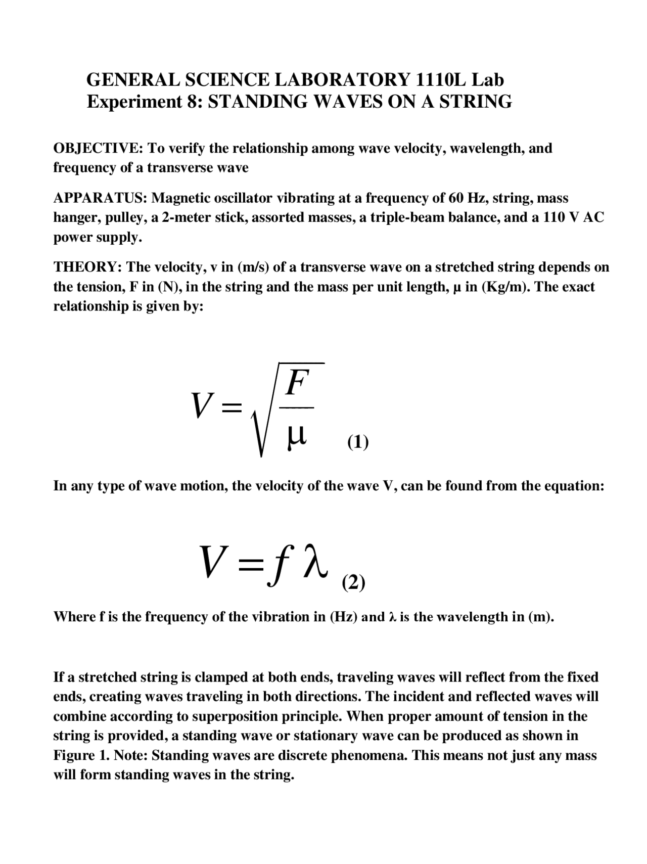 Experiment 8: Standing Waves on a String | Lab Reports Physics - Docsity