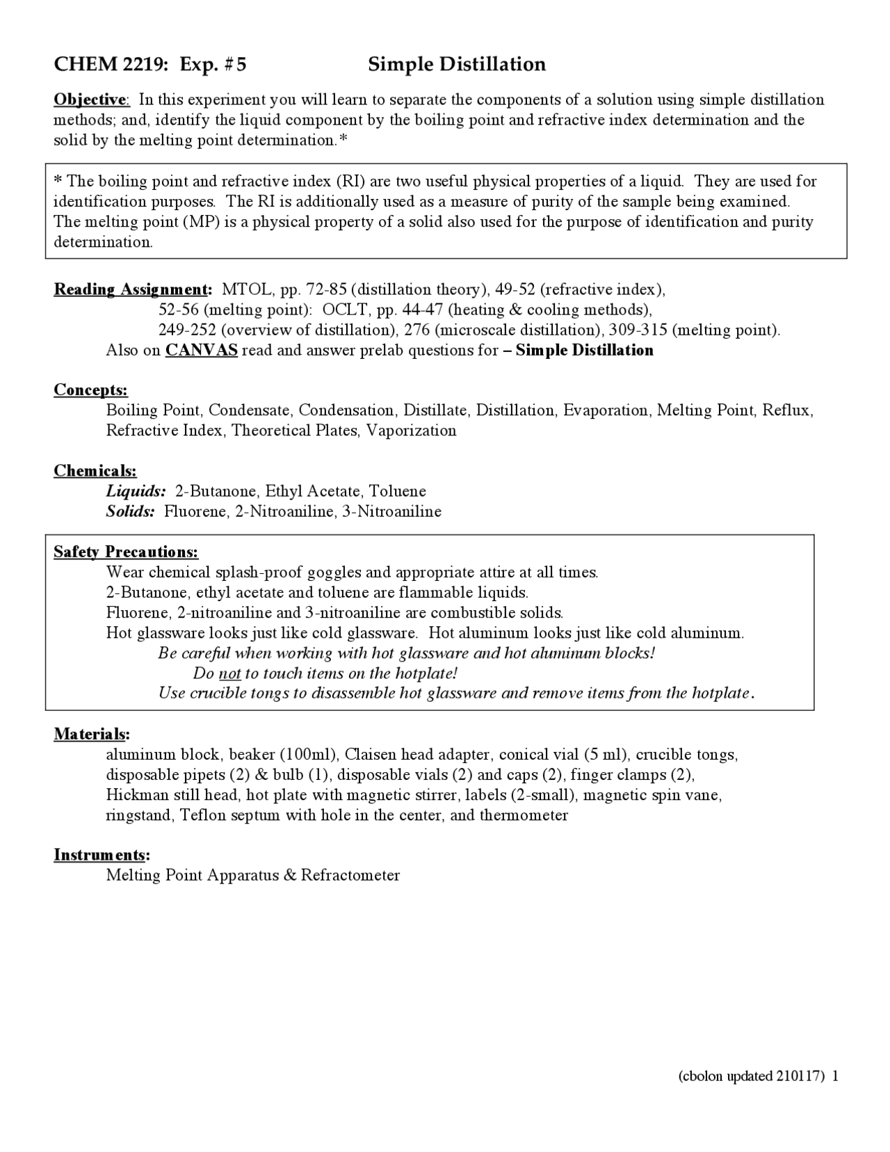 Simple Distillation Lab Manual | Lab Reports Chemistry | Docsity