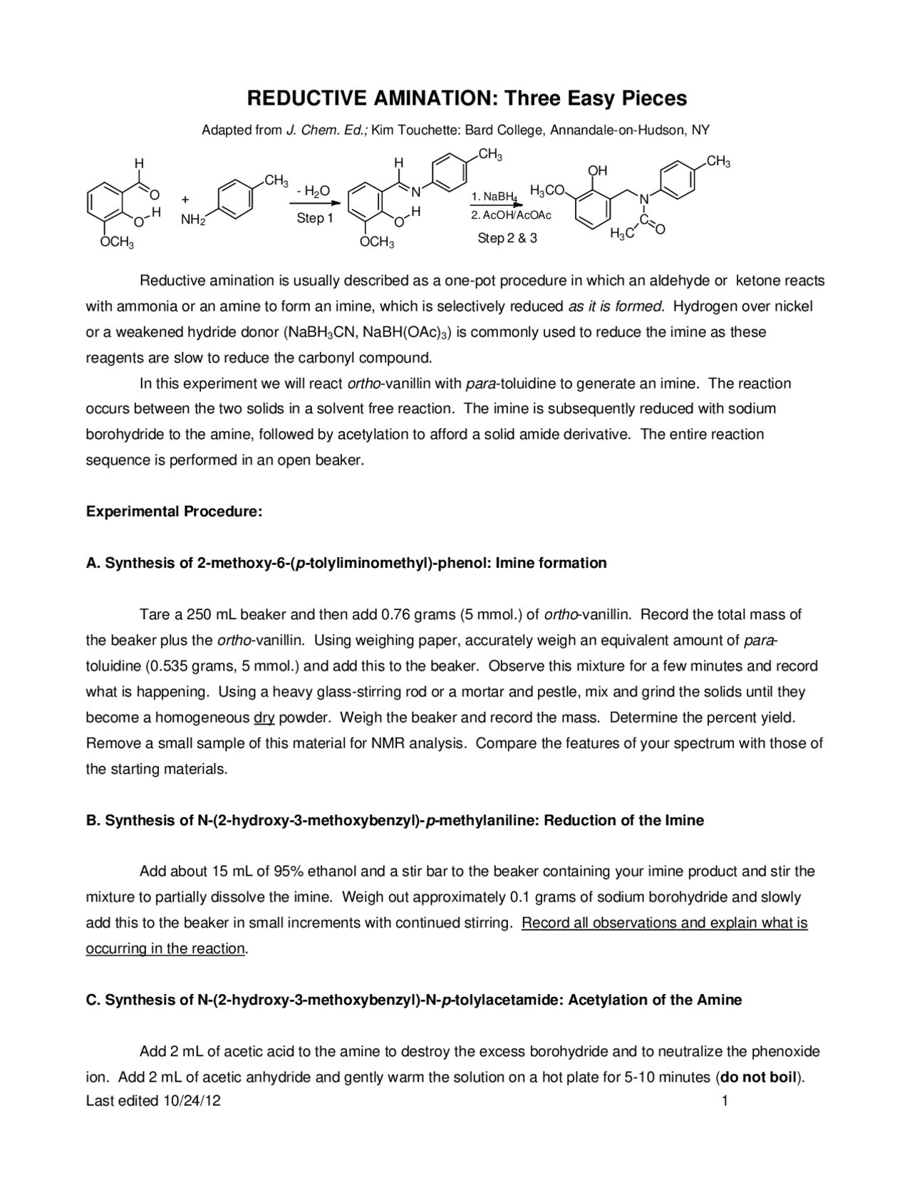 Reductive Amination Lab - Docsity