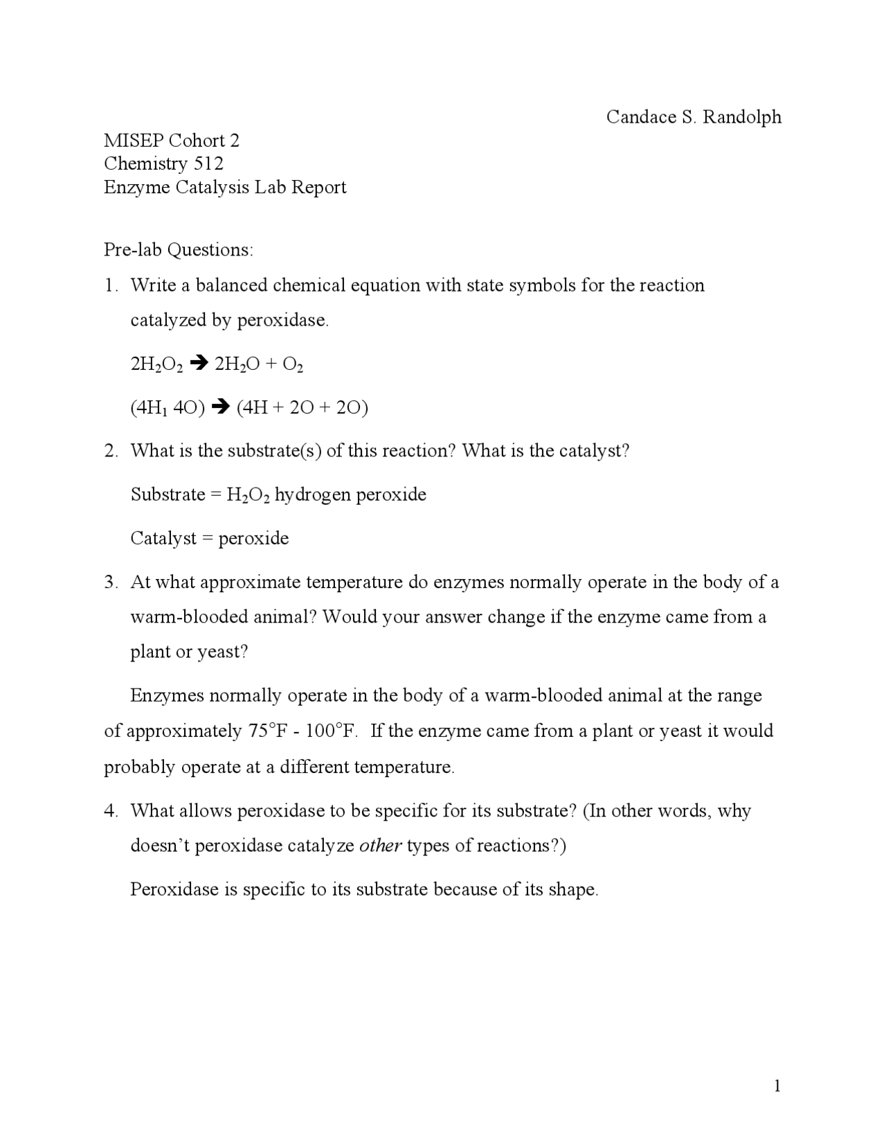 Enzyme Catalysis Lab Report Docsity