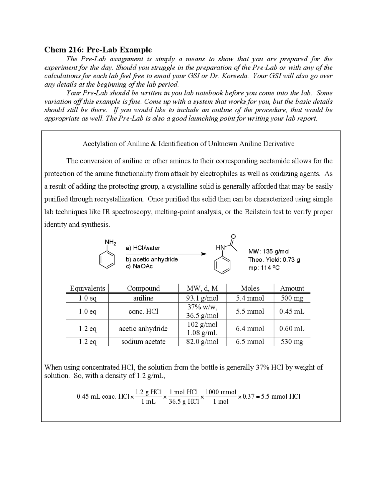 Organic Chemistry Pre-Lab Example | Lab Reports Chemistry | Docsity