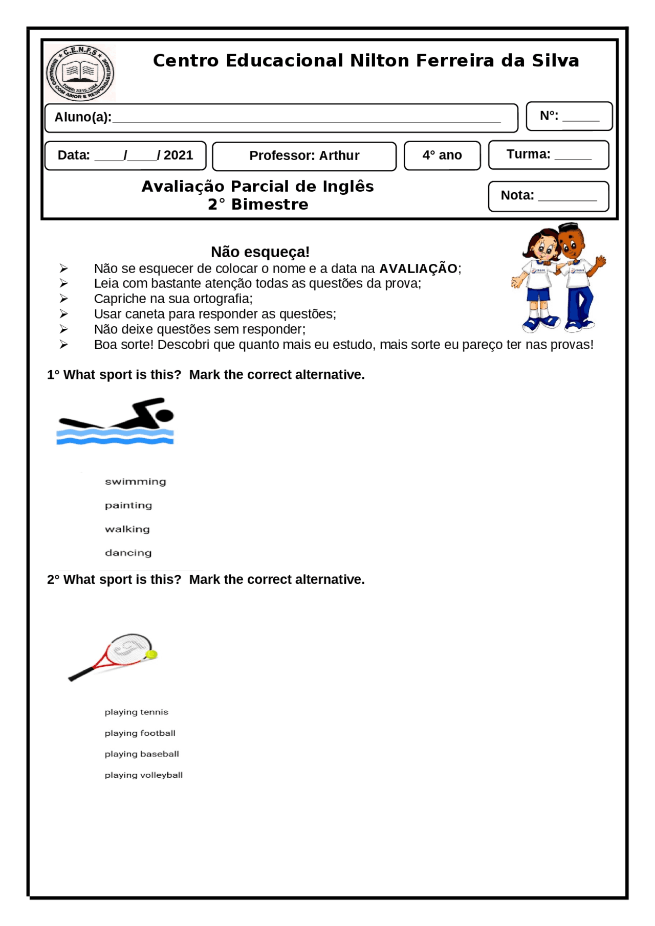 Prova de inglês 4° ano - Docsity