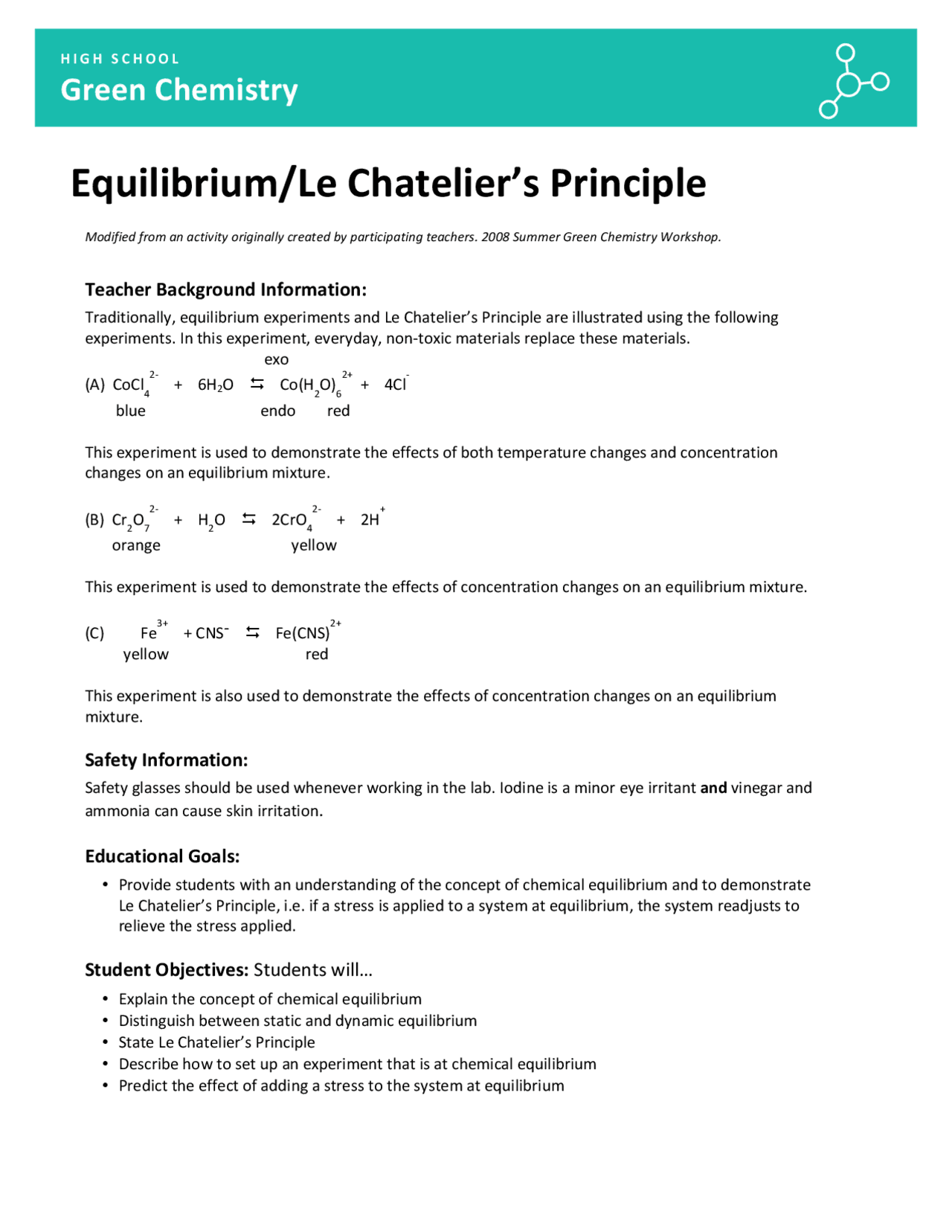 Equilibrium and Le Chatelier’s Principle Lab - Docsity