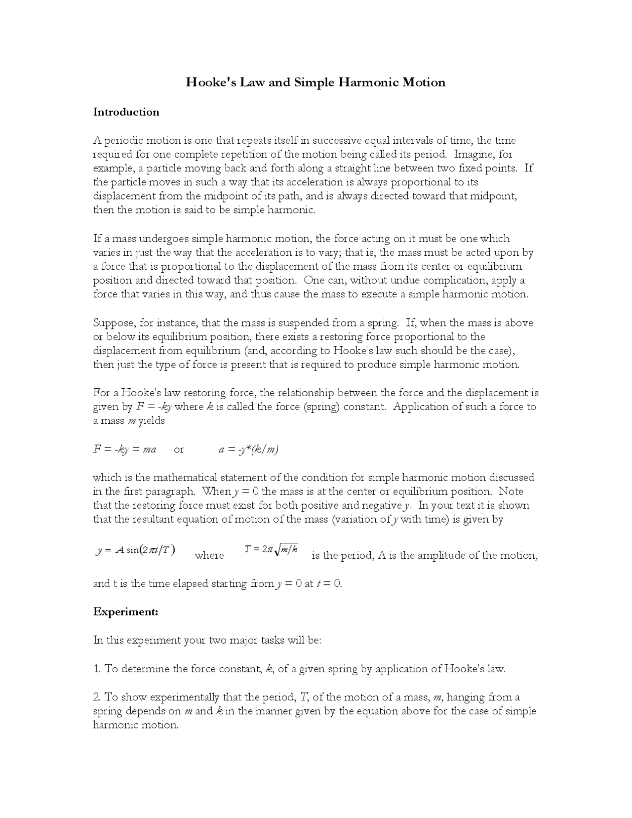 Lab Manual: Hooke’s Law and Simple Harmonic Motion - Docsity