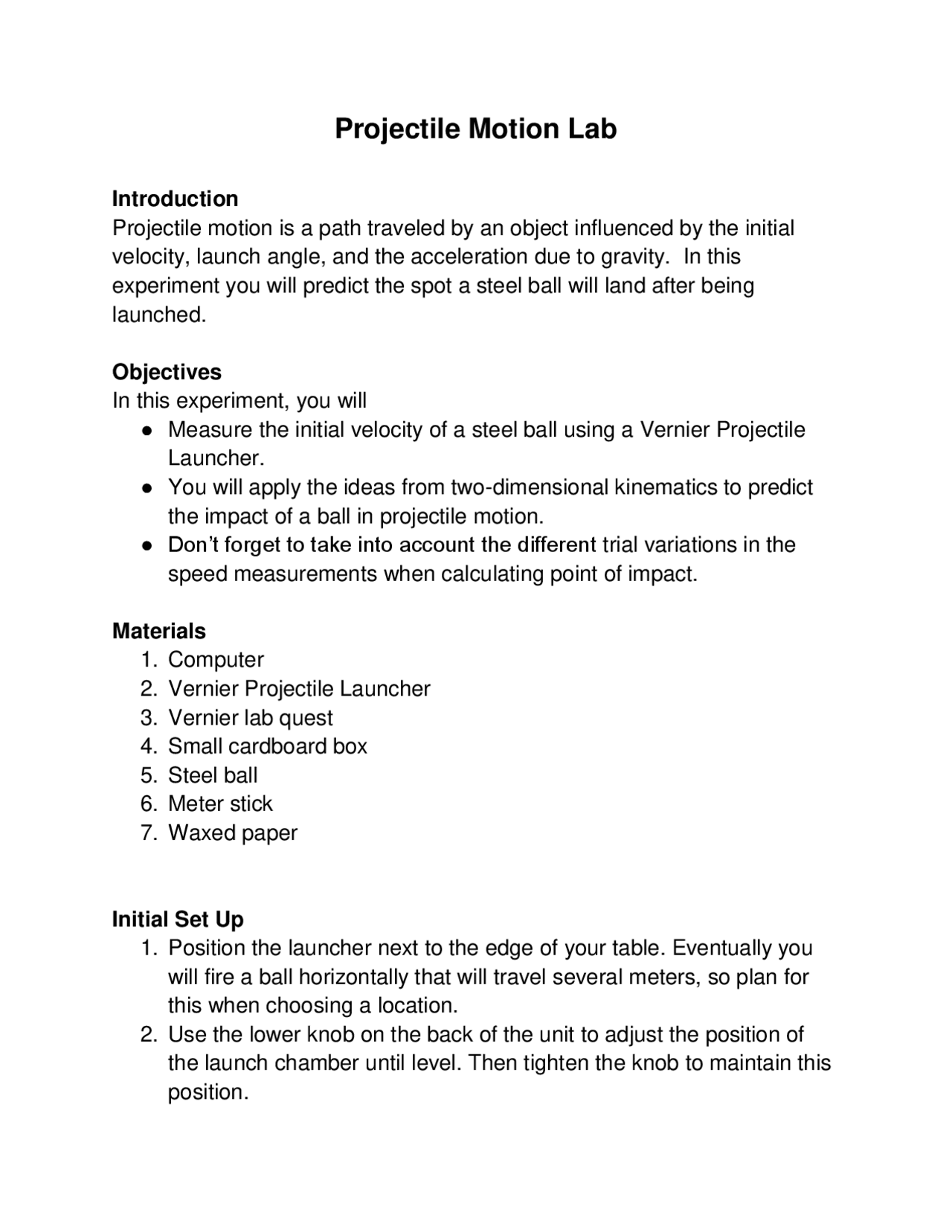 Projectile Motion Lab - Docsity